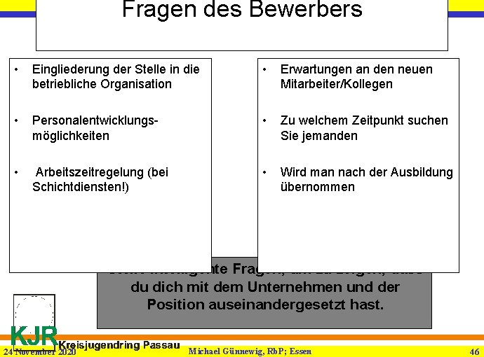 Fragen des Bewerbers Unterricht zu. . . Essen • Eingliederung der Stelle in die