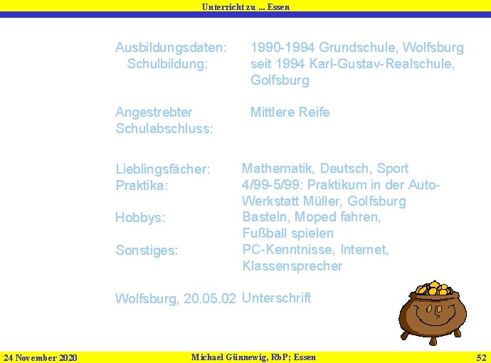 Unterricht zu. . . Essen 5. Ausbildungsdaten: Schulbildung: Angestrebter Schulabschluss: 6. Lieblingsfächer: 7. Praktika: