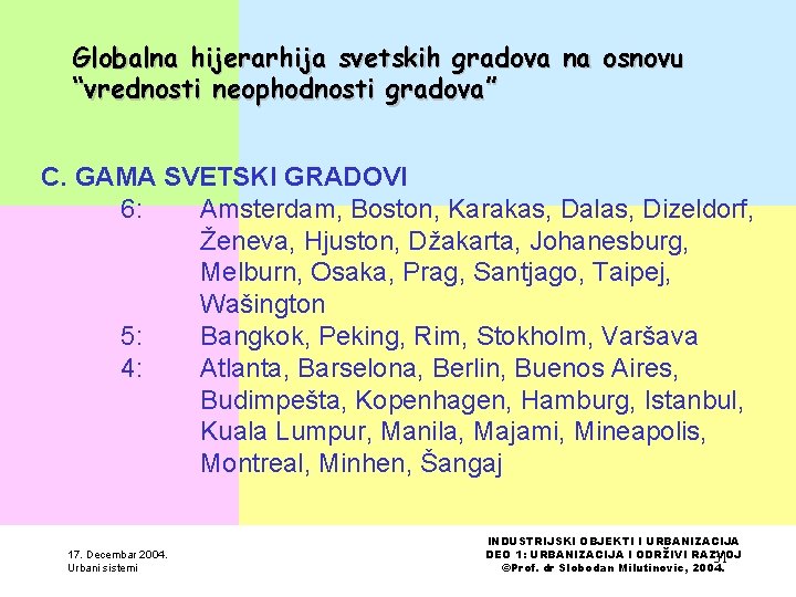 Globalna hijerarhija svetskih gradova na osnovu “vrednosti neophodnosti gradova” C. GAMA SVETSKI GRADOVI 6: