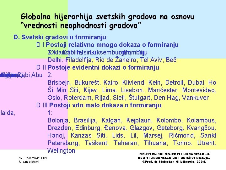 Globalna hijerarhija svetskih gradova na osnovu “vrednosti neophodnosti gradova” D. Svetski gradovi u formiranju