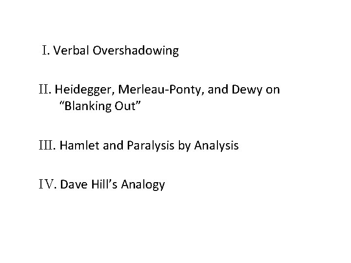 I. Verbal Overshadowing II. Heidegger, Merleau-Ponty, and Dewy on “Blanking Out” III. Hamlet and