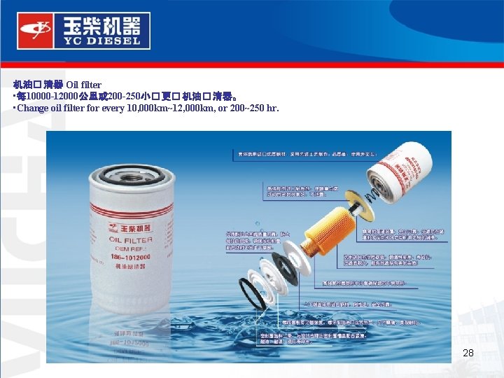 机油� 清器 Oil filter • 每 10000 -12000公里或 200 -250小� 更� 机油� 清器。 •