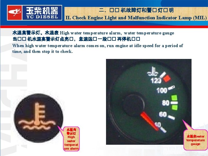 二、�� 机故障灯和警� 灯� 明 II. Check Engine Light and Malfunction Indicator Lamp (MIL) 水温高警示灯、水温表