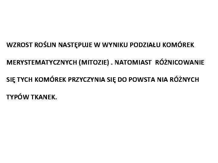 WZROST ROŚLIN NASTĘPUJE W WYNIKU PODZIAŁU KOMÓREK MERYSTEMATYCZNYCH (MITOZIE). NATOMIAST RÓŻNICOWANIE SIĘ TYCH KOMÓREK