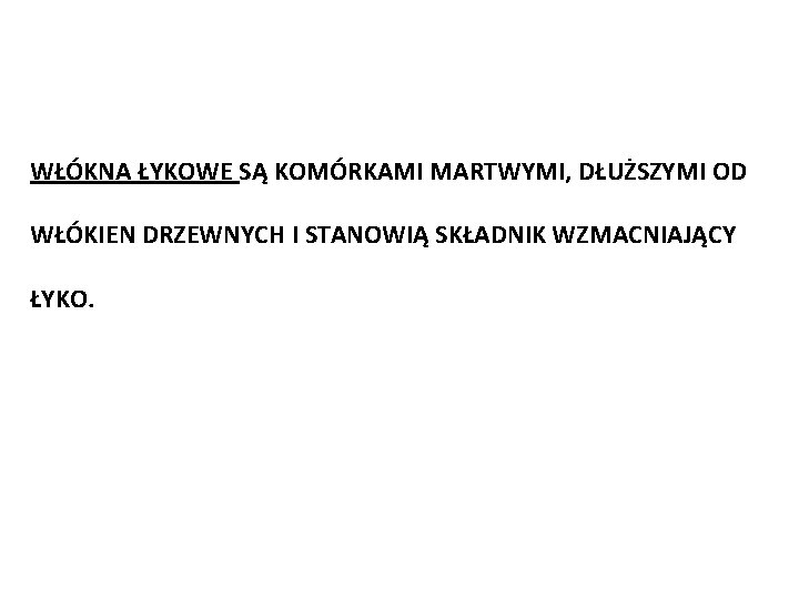 WŁÓKNA ŁYKOWE SĄ KOMÓRKAMI MARTWYMI, DŁUŻSZYMI OD WŁÓKIEN DRZEWNYCH I STANOWIĄ SKŁADNIK WZMACNIAJĄCY ŁYKO.