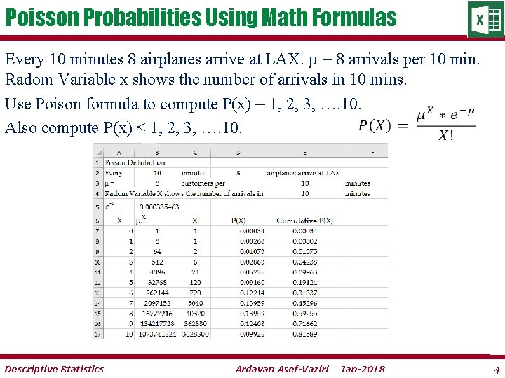 Poisson Probabilities Using Math Formulas Every 10 minutes 8 airplanes arrive at LAX. m