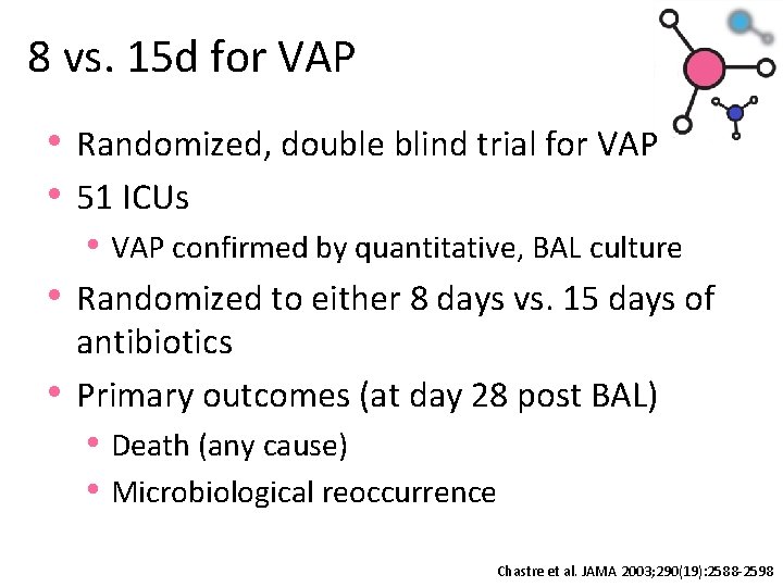 8 vs. 15 d for VAP • Randomized, double blind trial for VAP •