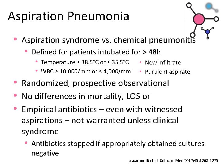 Aspiration Pneumonia • Aspiration syndrome vs. chemical pneumonitis • Defined for patients intubated for