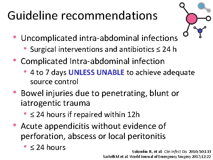 Guideline recommendations • Uncomplicated intra-abdominal infections • Surgical interventions and antibiotics ≤ 24 h