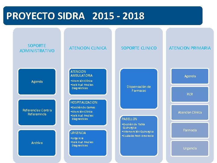PROYECTO SIDRA 2015 - 2018 SOPORTE ADMINISTRATIVO ATENCION CLINICA SOPORTE CLINICO ATENCION AMBULATORIA Agenda
