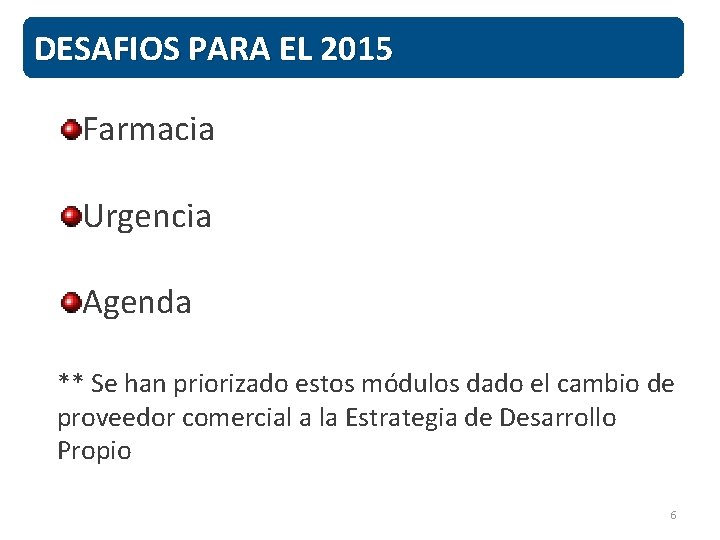 DESAFIOS PARA EL 2015 Farmacia Urgencia Agenda ** Se han priorizado estos módulos dado