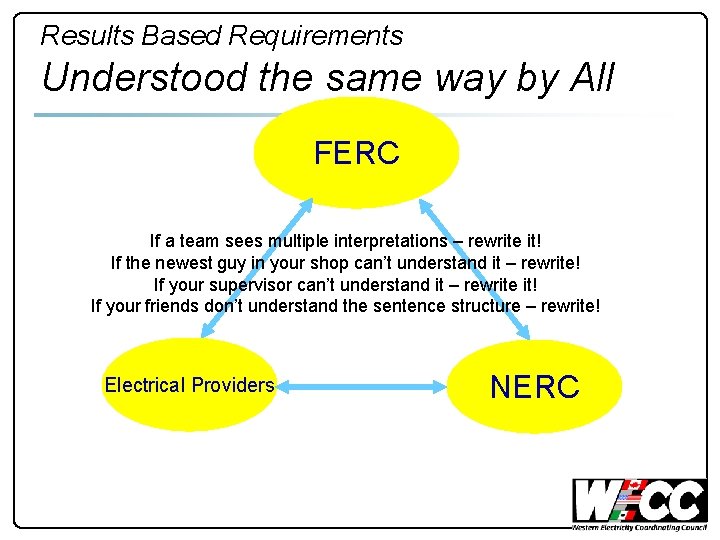 Results Based Requirements Understood the same way by All FERC If a team sees