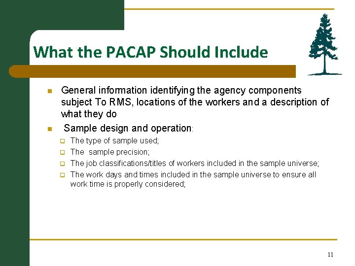  What the PACAP Should Include n n General information identifying the agency components