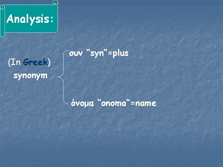Analysis: (In Greek) synonym συν “syn”=plus όνομα “onoma”=name 