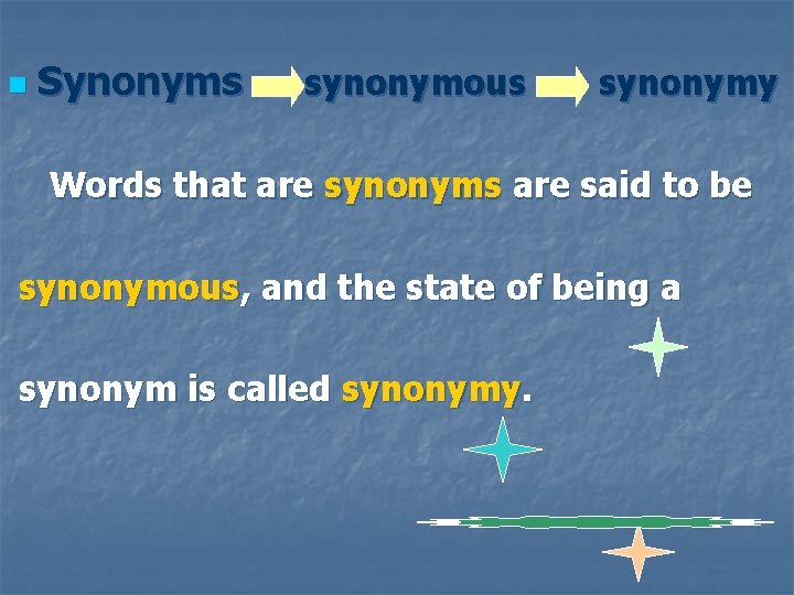 n Synonyms synonymous synonymy Words that are synonyms are said to be synonymous, and