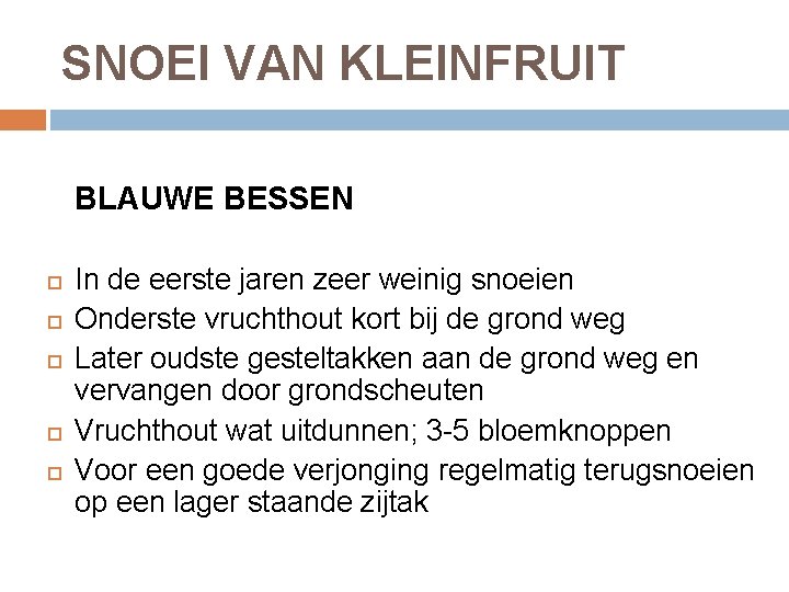 SNOEI VAN KLEINFRUIT BLAUWE BESSEN In de eerste jaren zeer weinig snoeien Onderste vruchthout