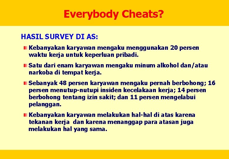 Everybody Cheats? HASIL SURVEY DI AS: Kebanyakan karyawan mengaku menggunakan 20 persen waktu kerja