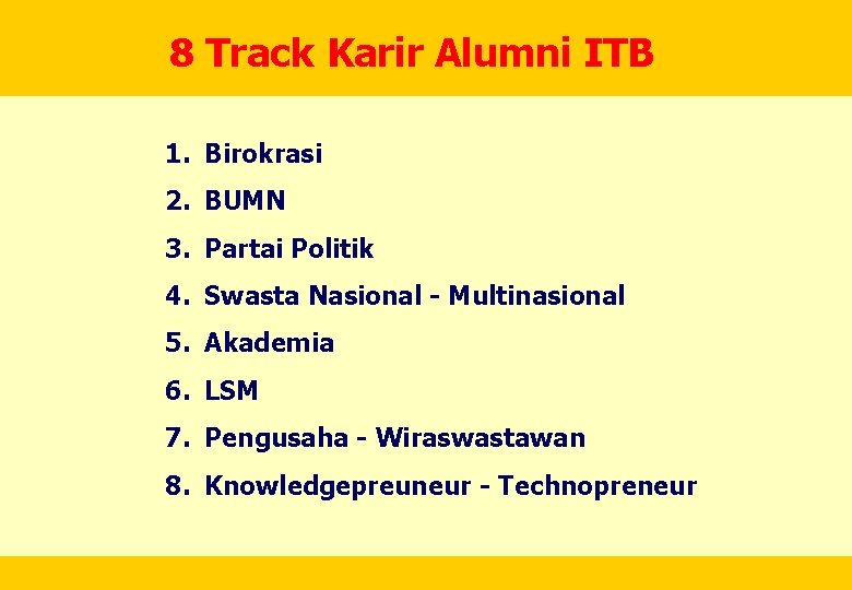 8 Track Karir Alumni ITB 1. Birokrasi 2. BUMN 3. Partai Politik 4. Swasta