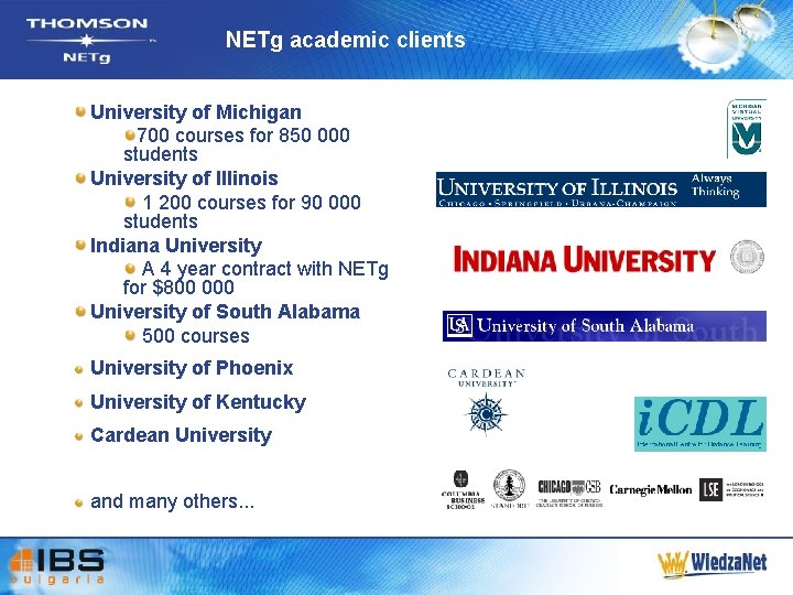 NETg academic clients University of Michigan 700 courses for 850 000 students University of