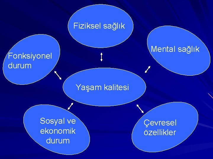 Fiziksel sağlık Mental sağlık Fonksiyonel durum Yaşam kalitesi Sosyal ve ekonomik durum Çevresel özellikler