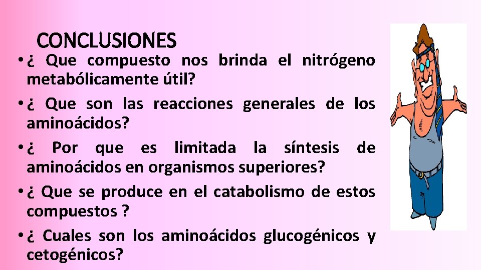 CONCLUSIONES • ¿ Que compuesto nos brinda el nitrógeno metabólicamente útil? • ¿ Que