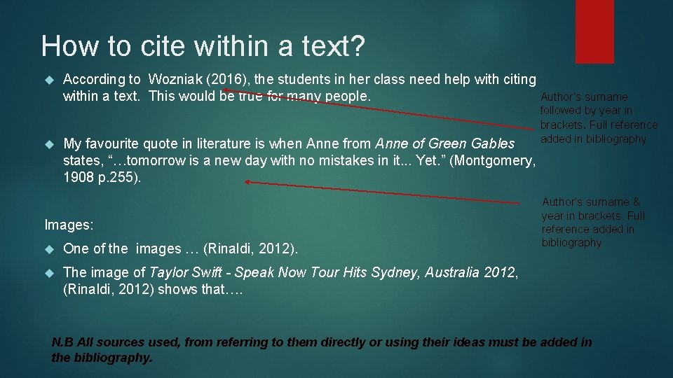 How to cite within a text? According to Wozniak (2016), the students in her