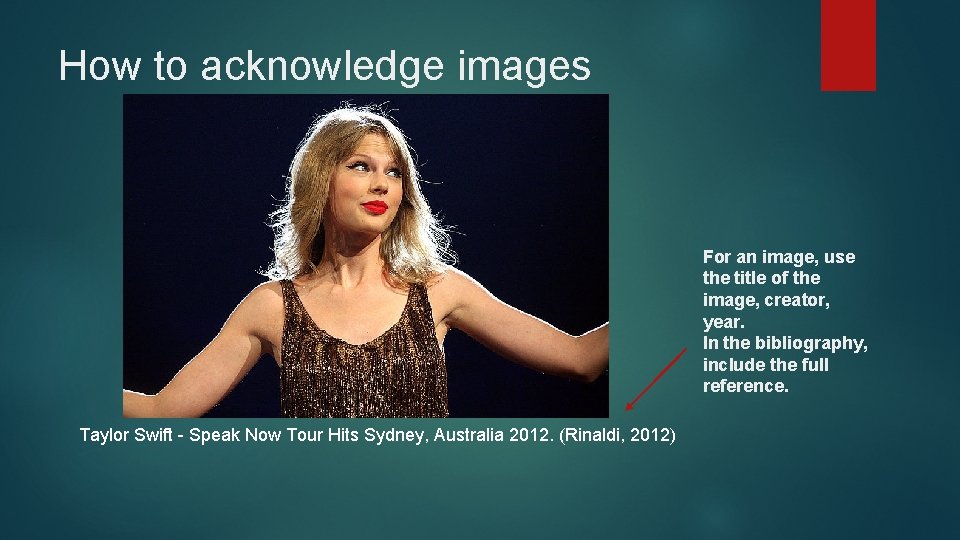 How to acknowledge images For an image, use the title of the image, creator,