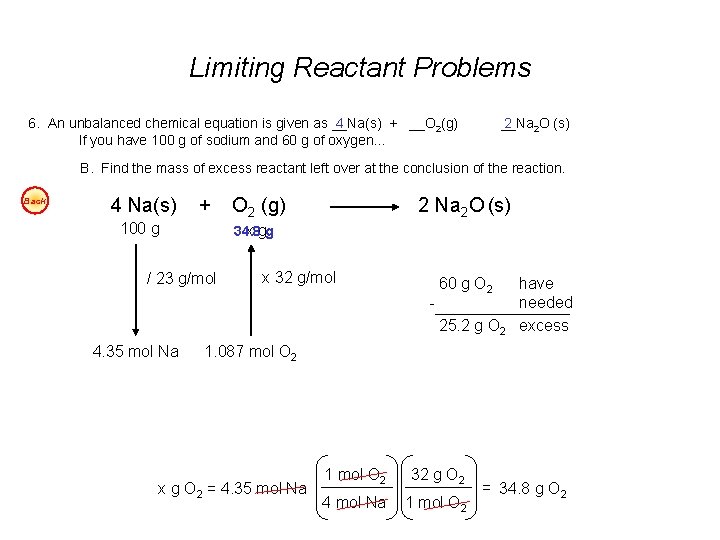 Limiting Reactant Problems 6. An unbalanced chemical equation is given as __Na(s) + __O