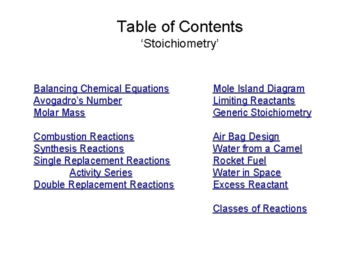 Table of Contents ‘Stoichiometry’ Balancing Chemical Equations Avogadro’s Number Molar Mass Mole Island Diagram