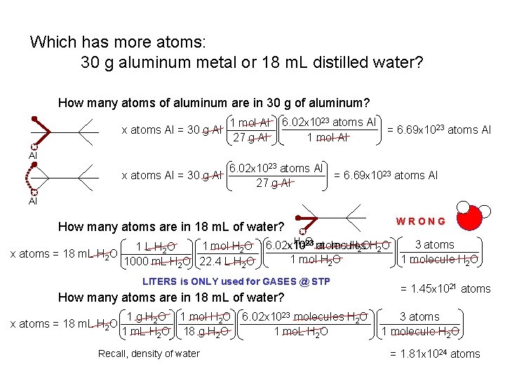 Which has more atoms: 30 g aluminum metal or 18 m. L distilled water?