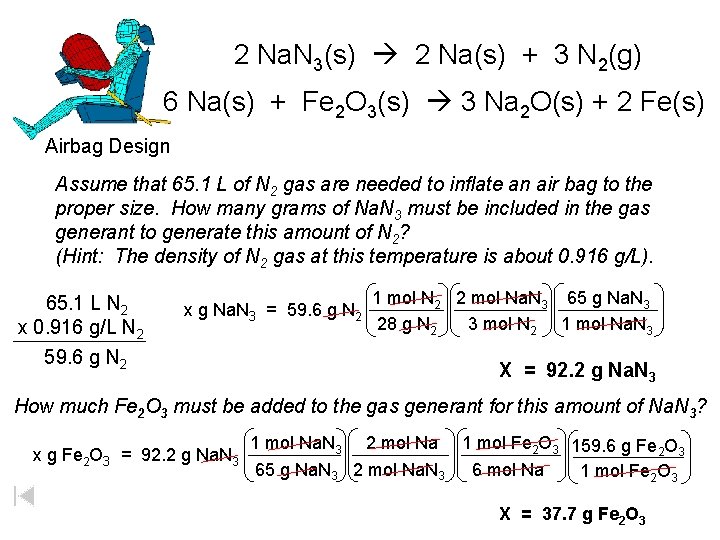 2 Na. N 3(s) 2 Na(s) + 3 N 2(g) 6 Na(s) + Fe