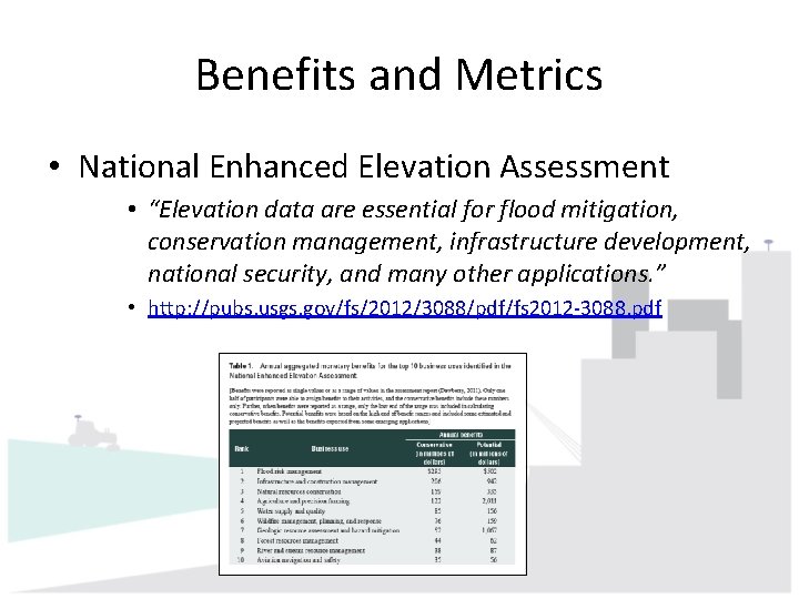 Benefits and Metrics • National Enhanced Elevation Assessment • “Elevation data are essential for