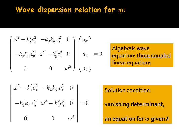 Wave dispersion relation for : Algebraic wave equation: three coupled linear equations Solution condition: