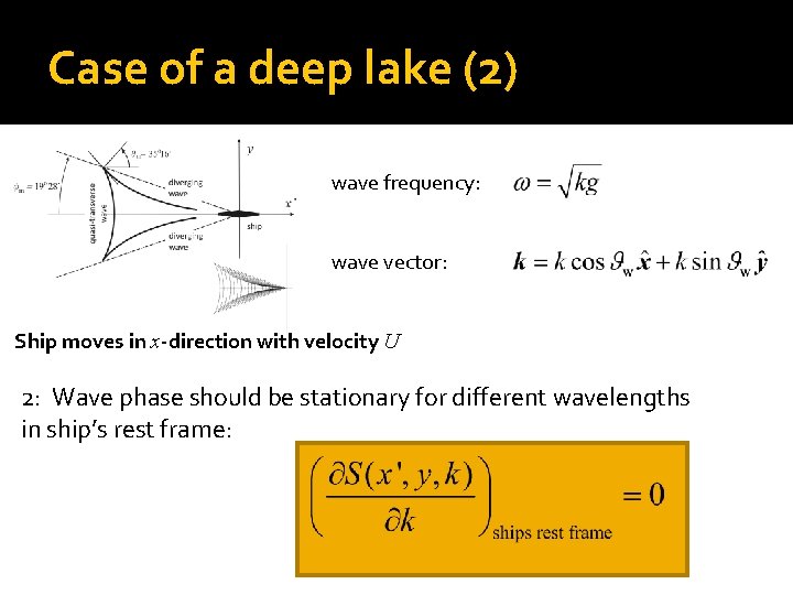 Case of a deep lake (2) wave frequency: wave vector: Ship moves in x-direction