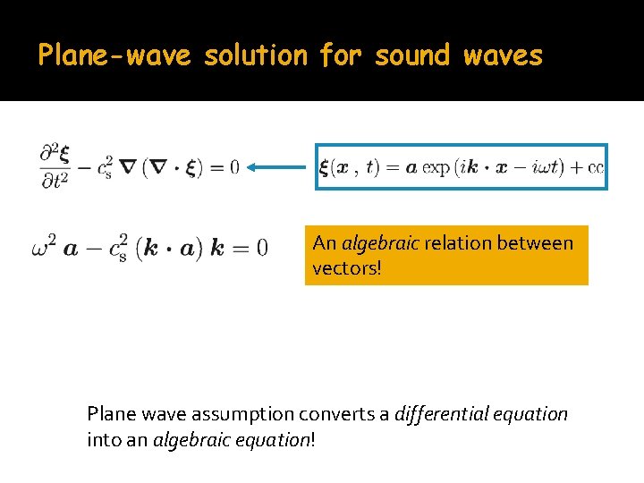 Plane-wave solution for sound waves An algebraic relation between vectors! Plane wave assumption converts