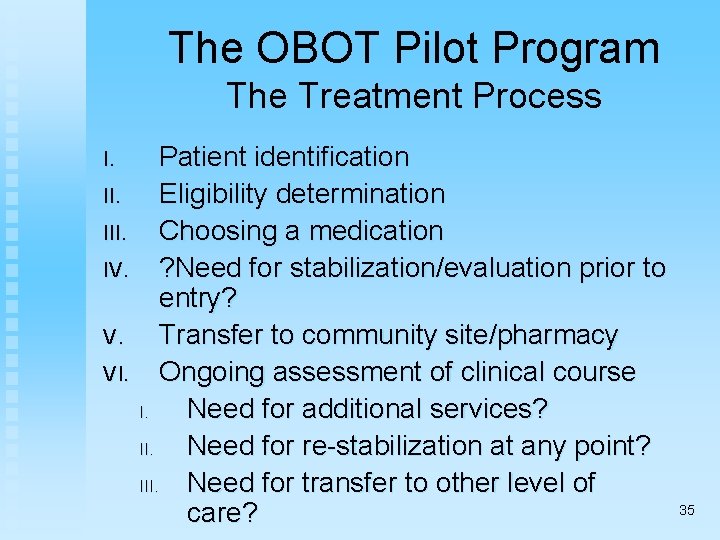 The OBOT Pilot Program The Treatment Process I. III. IV. V. VI. Patient identification