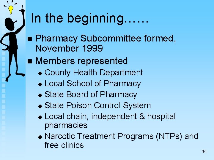 In the beginning…… Pharmacy Subcommittee formed, November 1999 n Members represented n County Health
