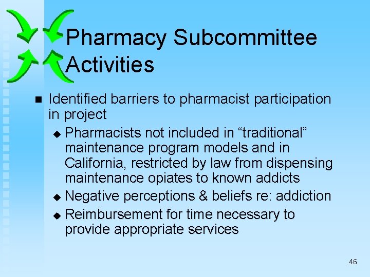 Pharmacy Subcommittee Activities n Identified barriers to pharmacist participation in project u Pharmacists not