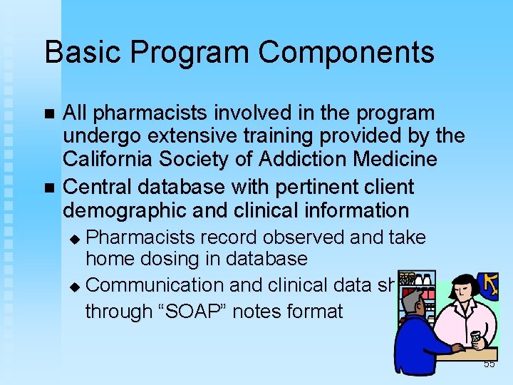 Basic Program Components All pharmacists involved in the program undergo extensive training provided by