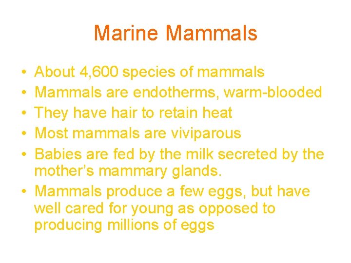Marine Mammals • • • About 4, 600 species of mammals Mammals are endotherms,