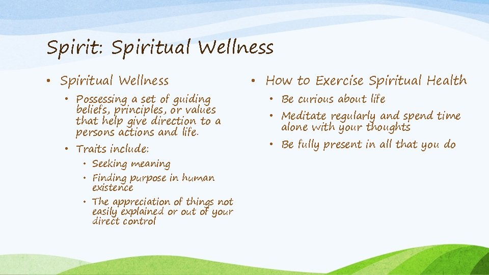 Spirit: Spiritual Wellness • Spiritual Wellness • Possessing a set of guiding beliefs, principles,