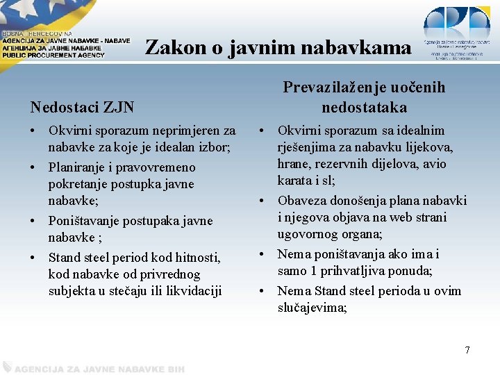 Zakon o javnim nabavkama Nedostaci ZJN • Okvirni sporazum neprimjeren za nabavke za koje