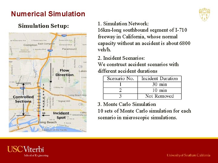 Numerical Simulation Setup: 1. Simulation Network: 16 km-long southbound segment of I-710 freeway in
