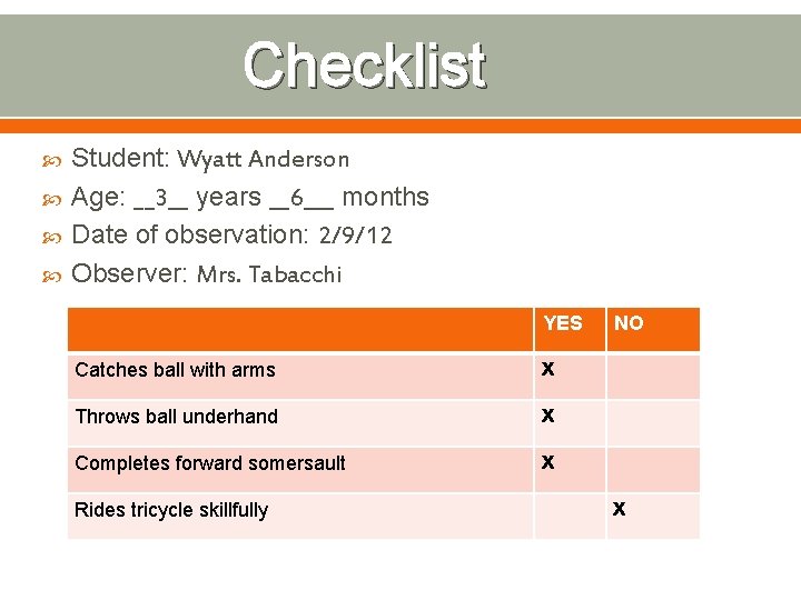 Checklist Student: Wyatt Anderson Age: __3__ years __6___ months Date of observation: 2/9/12 Observer: