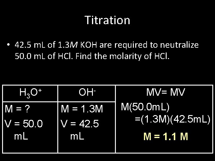 Titration • 42. 5 m. L of 1. 3 M KOH are required to