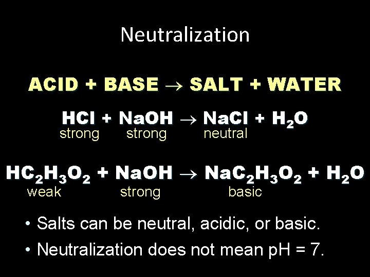 Neutralization ACID + BASE SALT + WATER HCl + Na. OH Na. Cl +