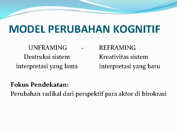 MODEL PERUBAHAN KOGNITIF UNFRAMING Destruksi sistem interpretasi yang lama REFRAMING Kreativitas sistem interpretasi yang