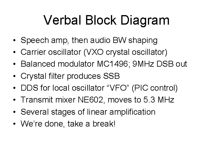 Verbal Block Diagram • • Speech amp, then audio BW shaping Carrier oscillator (VXO
