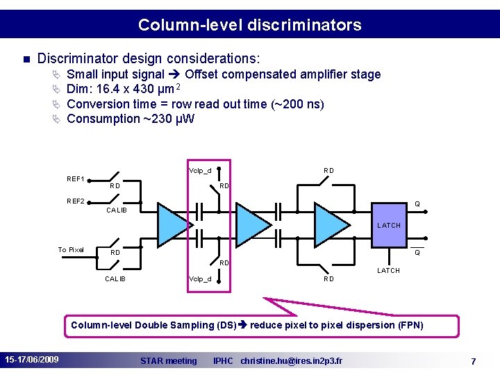 Column-level discriminators n Discriminator design considerations: Ä Ä Small input signal Offset compensated amplifier