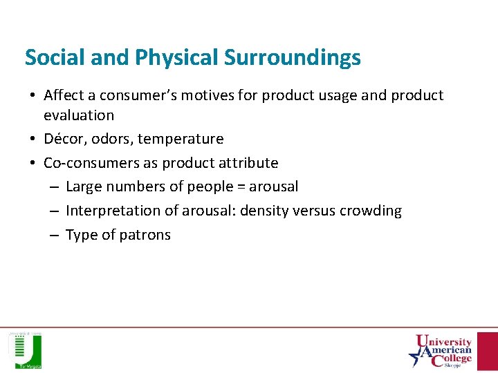 Social and Physical Surroundings • Affect a consumer’s motives for product usage and product